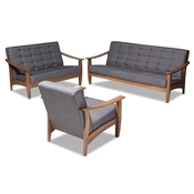 Baxton Studio Larsen Mid-Century Modern Gray Fabric Upholstered Walnut Wood 3-Piece Living Room Set